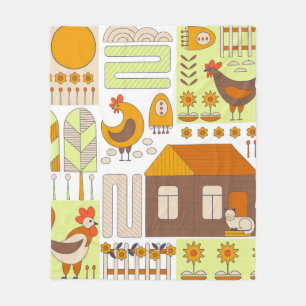 Couverture Polaire Coq et deux poules, oeufs, fleurs, maison, drawin