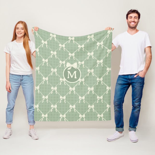 Couverture Polaire Coquette Bows Gingham Monogram Cream Sage Green  (En situation)
