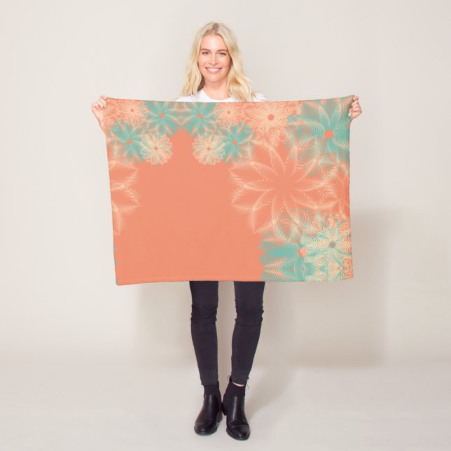 Couverture Polaire Corail et conception florale turquoise (En situation)