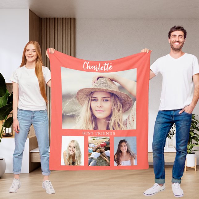 Couverture Polaire Coral orange photo collage fille amis (Créateur téléchargé)