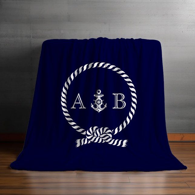 Couverture Polaire Cordon bleu marine et Ancre monogrammé (Créateur téléchargé)