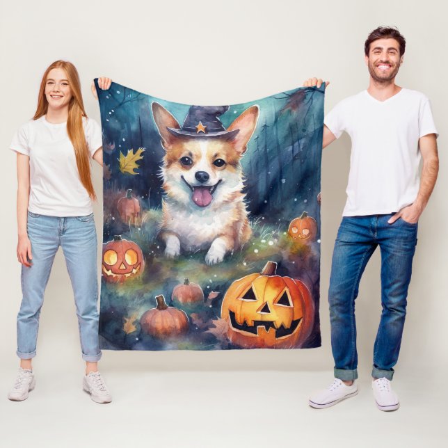 Couverture Polaire Corgi d'Halloween avec la peur Citrouille (En situation)