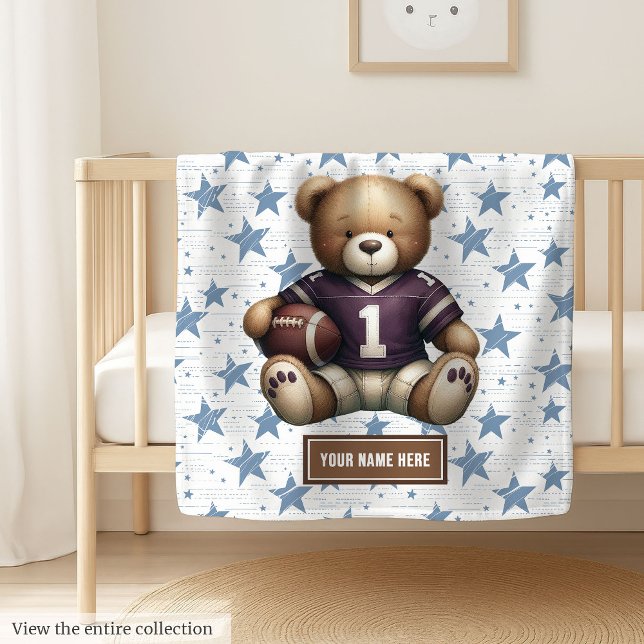 Couverture Polaire Cosy American Football Teddy Bear Blanche pour gar (Cute American football teddy bear blanket, personalized and perfect boy birthday gift idea.)