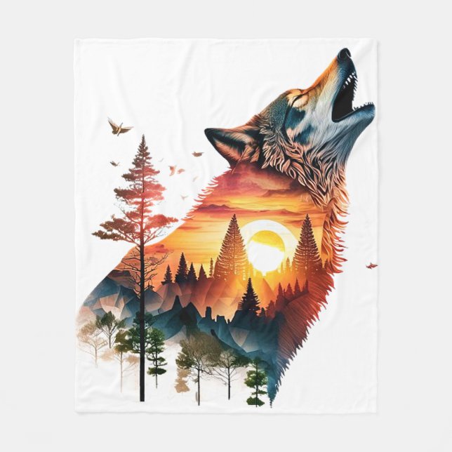 Couverture Polaire Coucher de soleil double exposition loup hurlant (Devant)