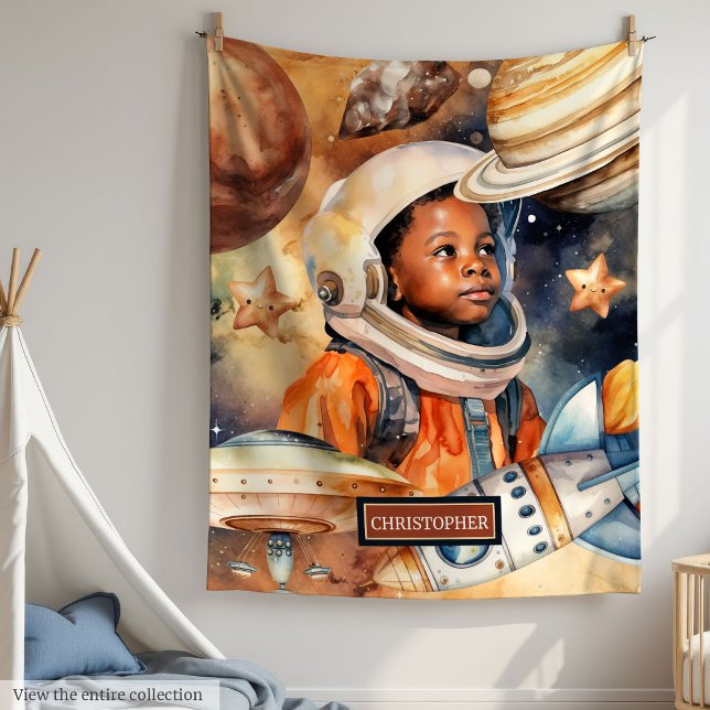 Couverture Polaire Couleur d'aquarelle de la salle de l'astronaute de (Black Boy Astronaut Room Decor Watercolor Blanket)