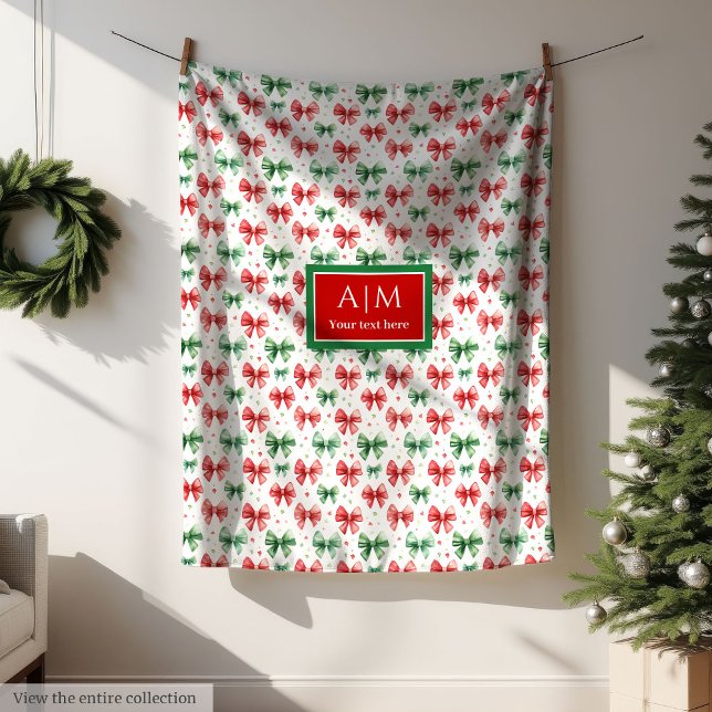 Couverture Polaire Couleur d'aquarelle personnalisée arcs rouge vert  (Custom watercolor festive red green bows Christmas Fleece Blanket)