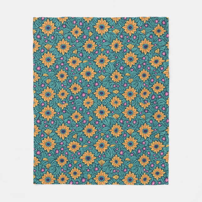 Couverture Polaire Coupe dorée et verte design floral sans joint. (Devant)