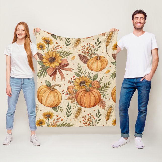 Couverture Polaire Cozy Autumn Pumpkin and Sunflower Pattern (En situation)