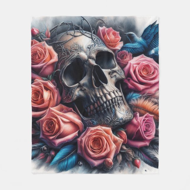 Couverture Polaire Crâne avec Roses et Bluebird (Devant)