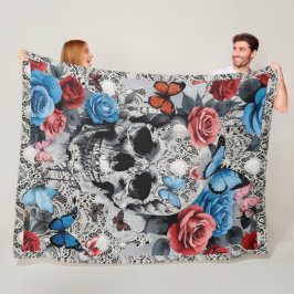 Couverture Polaire Crâne avec Roses et papillons Arrière - plan dente