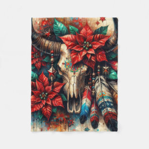 Couverture Polaire Crâne de la vache de Noël Poinsettias plumes