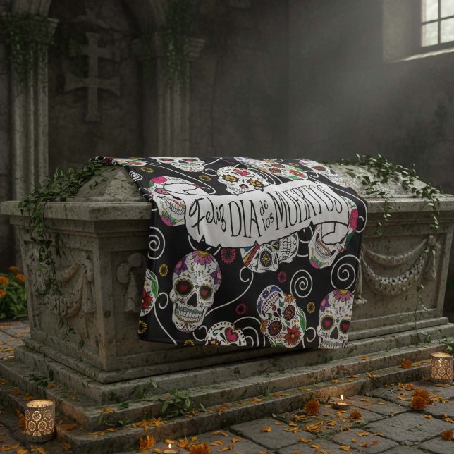 Couverture Polaire Crânes à sucre et tourbillons Rose noir ID725 (Créateur téléchargé)