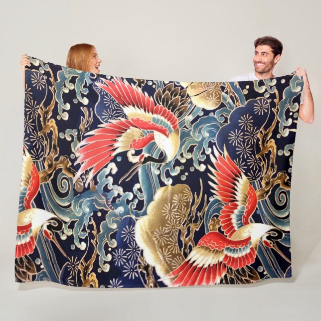 Couverture Polaire CRANES DE VOL, VAGUES, FLEURS DE PRINTEMPS Japonai (En situation)