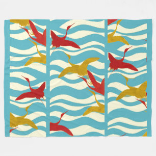 COUVERTURE POLAIRE CRANES ROUGES JAUNES VOLANT SUR DES VAGUES BLANCHE