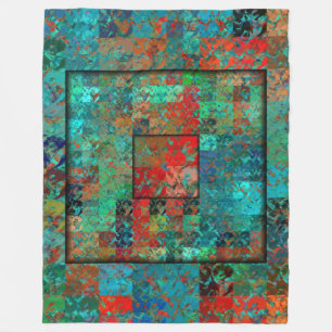 Couverture Polaire Crazy Turquoise et Carrés rouges et Squiggles