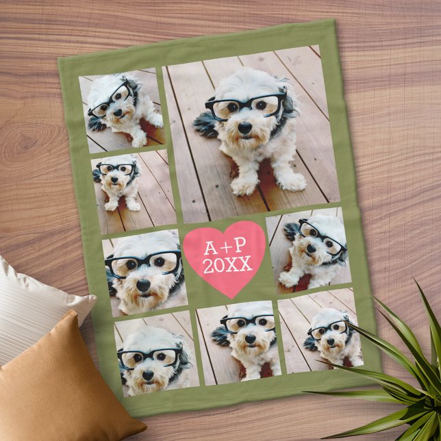 Couverture Polaire Créer un Collage de 8 photos Coeur — rose vert (Personalized Fleece Blanket)