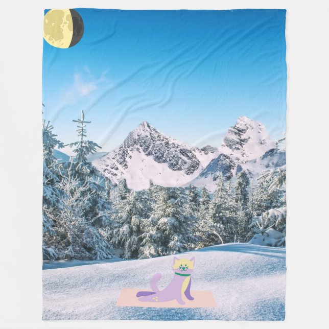 Couverture Polaire Crescent Moon Yoga Cat in the Snowy Mountains (Devant)