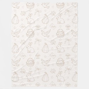 Couverture Polaire Croquis Marron Crème Paniers Oiseaux Lapins