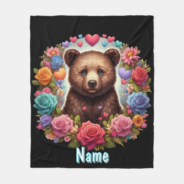 Couverture Polaire Cube d'ours personnalisé avec Roses et coeurs (Devant)