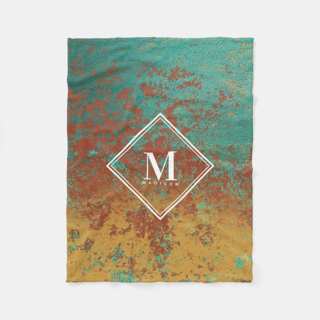Couverture Polaire Cuivre Turquoise Texture métallique Monogramme ini (Devant)