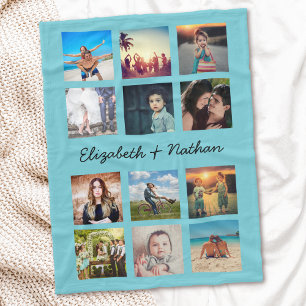 Couverture Polaire Custom 12 Friends Family Photo Collage Aqua Blue