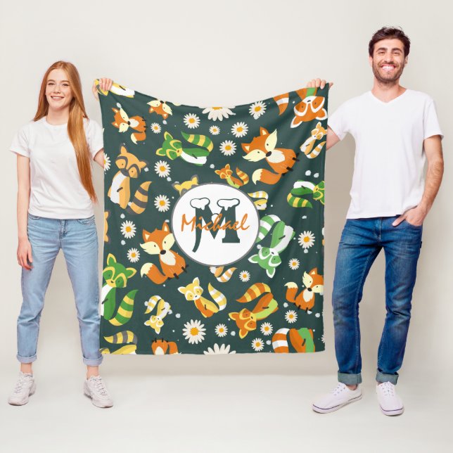 Couverture Polaire Custom belle raccoons script safari marine bleu (En situation)