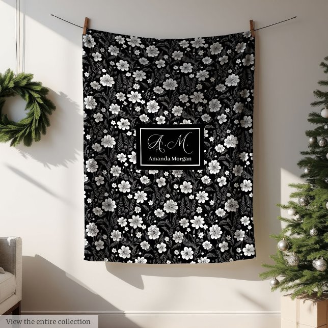 Couverture Polaire Custom Name Blanket Elegant Wildflower Black White (Custom Name Blanket Elegant Wildflower Black White)