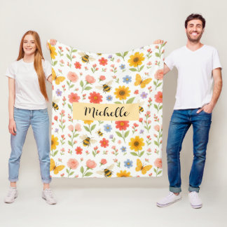 Couverture Polaire Custom Name Floral Bee Blanket