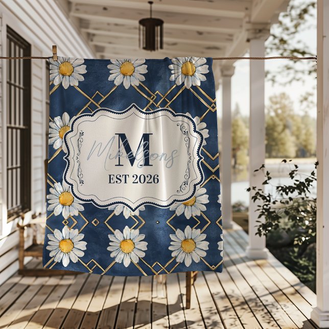 Couverture Polaire Custom Navy Daisy Gingham Monogram Decor (Créateur téléchargé)