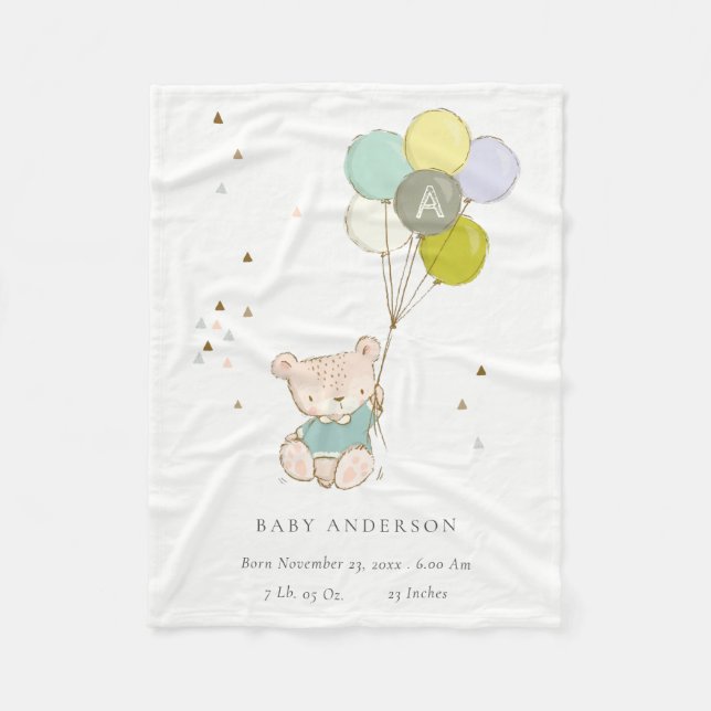 Couverture Polaire Cute Aqua Bear Balloon Garçons Monogram Baby Stat (Devant)