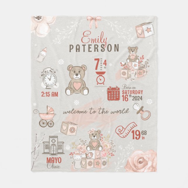Couverture Polaire Cute Bear Baby Girl Birth Stats Saumon Grey (Devant)