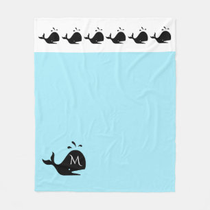 Couverture Polaire Cute blanche et bleue Custom Initial Baleine noire