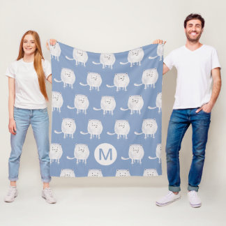 Couverture Polaire Cute Bouncing White Cat Pattern Monogram Blue