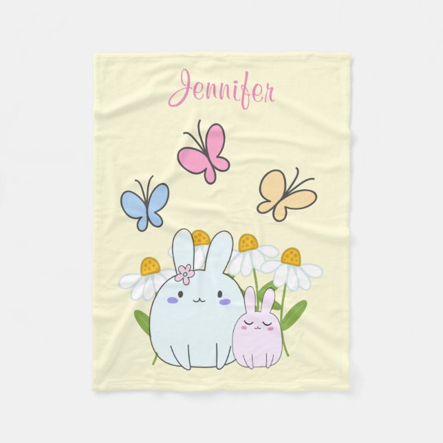 Couverture Polaire Cute Bunnies avec marguerites de printemps et papi (Devant)