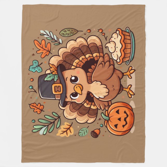 Couverture Polaire Cute caricature Thanksgiving dinde et citrouille (Devant)