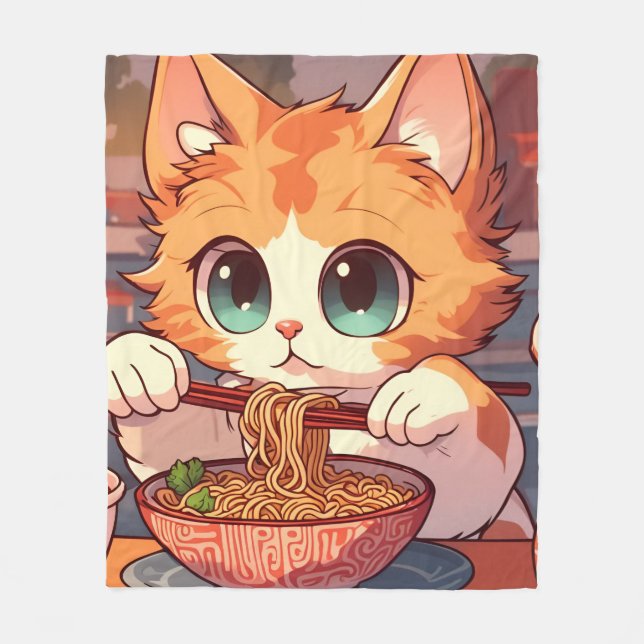 Couverture Polaire Cute Chat Mange Ramen nouilles (Devant)