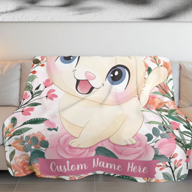 Couverture Polaire Cute Chat Roses Roses Roses Roses Roses Fleurs Ros (Cute Cat Pink Roses Blush Flowers Custom Name Fleece Blanket)