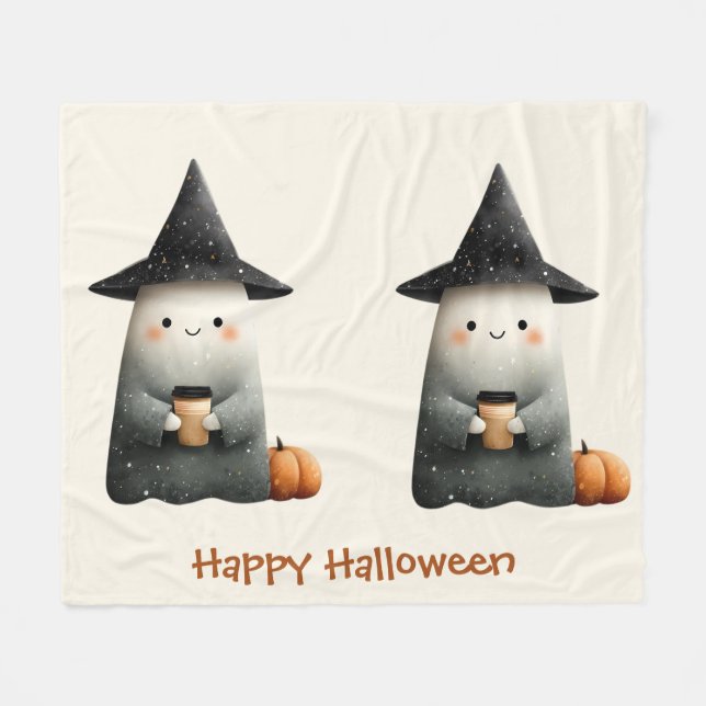 Couverture Polaire Cute fantôme avec Halloween café (Devant (Horizontal))