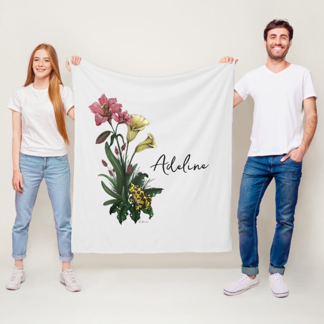 Couverture Polaire Cute Green Frog et Lily Botanique Art Floral (En situation)