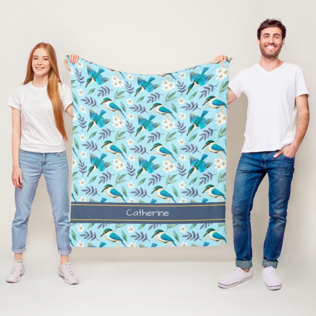 Couverture Polaire Cute Kingfisher Oiseaux Floral Motif bleu Nom (En situation)