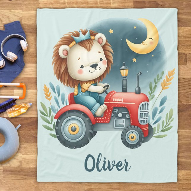 Couverture Polaire Cute Lion Cub sur Tracteur rouge la nuit (Créateur téléchargé)