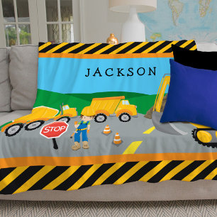 Couverture Polaire Cute Little Boy Construction Véhicule Monogramme