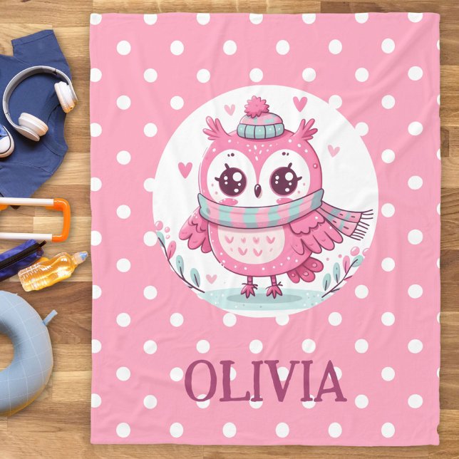 Couverture Polaire Cute Little Pink Owl et Pois (Créateur téléchargé)