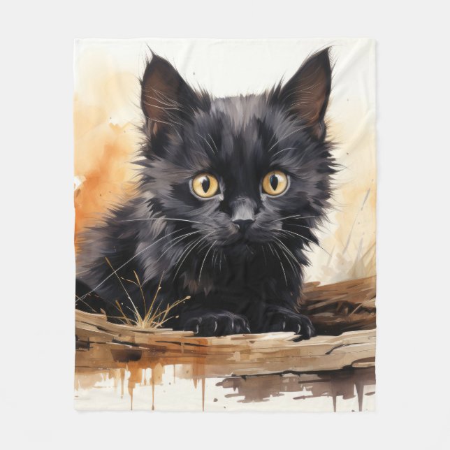 Couverture Polaire Cute noir Chat aquarelle Art (Devant)