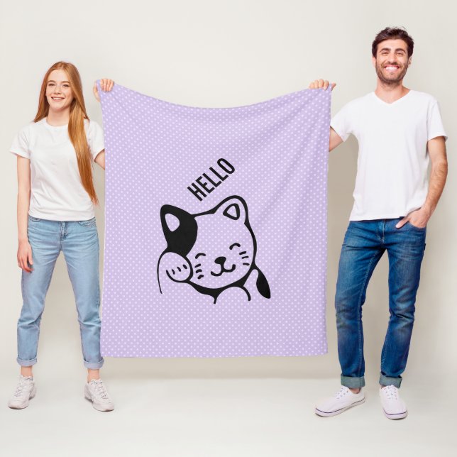 Couverture Polaire Cute noir et blanc Kitty Chat Waving Bonjour (En situation)