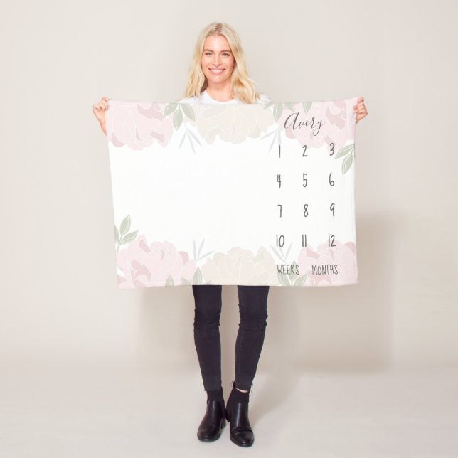 Couverture Polaire Cute Pastel Pink Peonies Floral Baby Milestone (En situation)