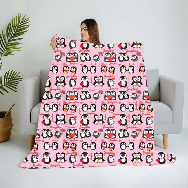 Couverture Polaire Cute Penguin Nom personnalisé Amour (Créateur téléchargé)