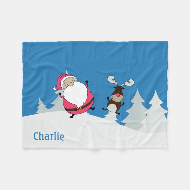 Couverture Polaire Cute Père Noël & Reindeer nom personnalisé couvert (Devant (Horizontal))