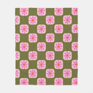 Couverture Polaire Cute Retro Boho Checkerboard Fleur vert rose