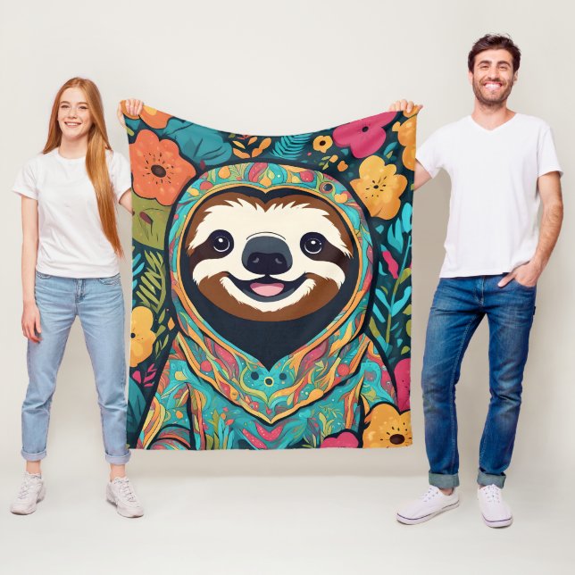 Couverture Polaire Cute sloth surrounded by flowers (En situation)